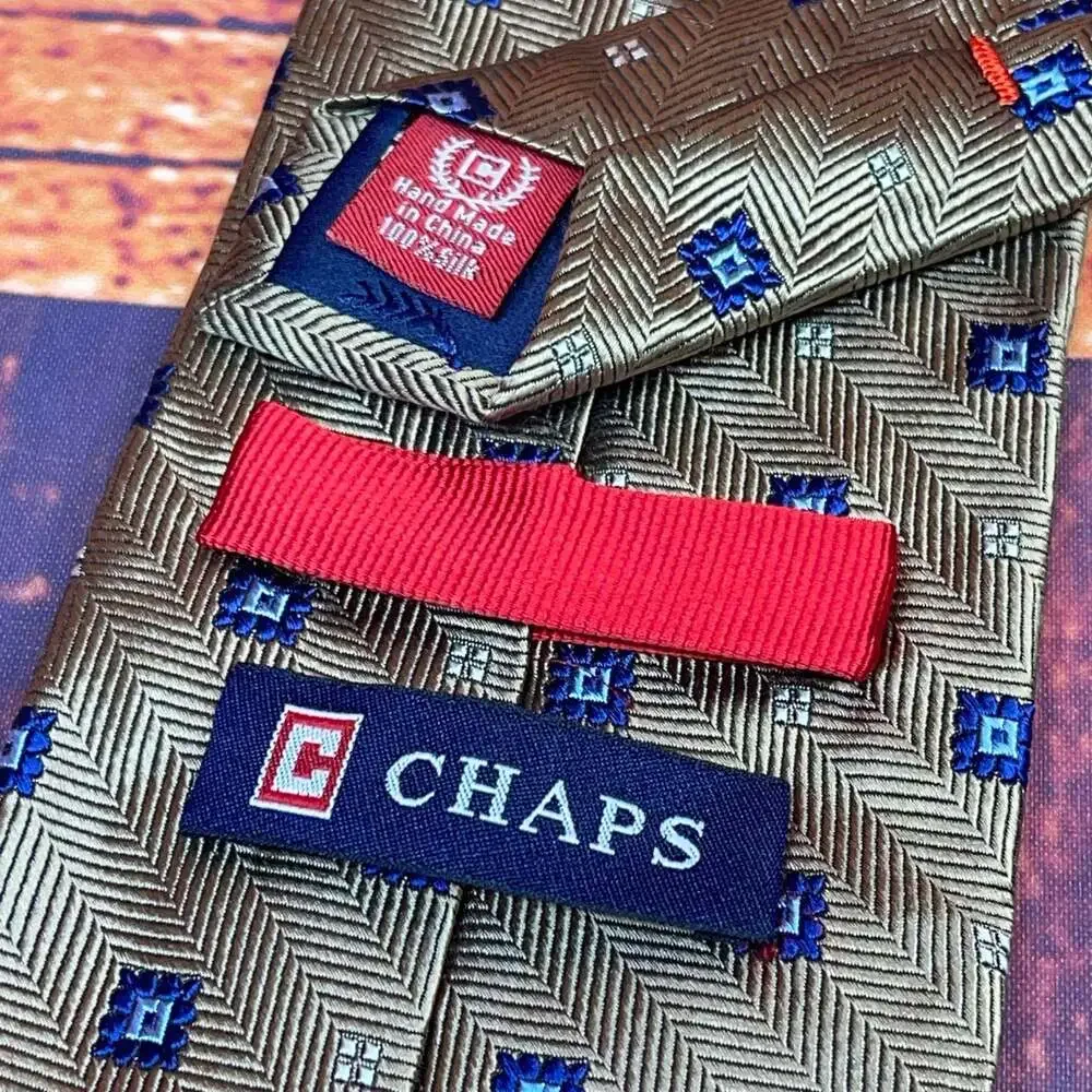 Chaps Silk Necktie Gold Brown Blue Geometric Diamond Chevron Pattern
